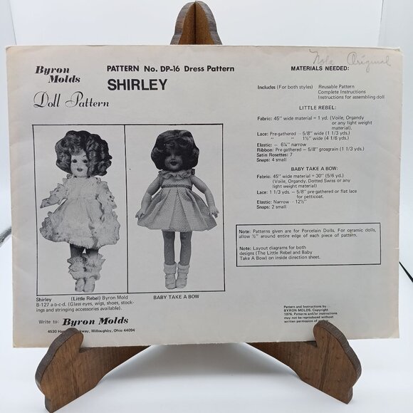 UNCUT Vintage Byron Doll Patterns, Shirley Dress DP16 1970s Little Rebel Baby - Picture 1 of 1